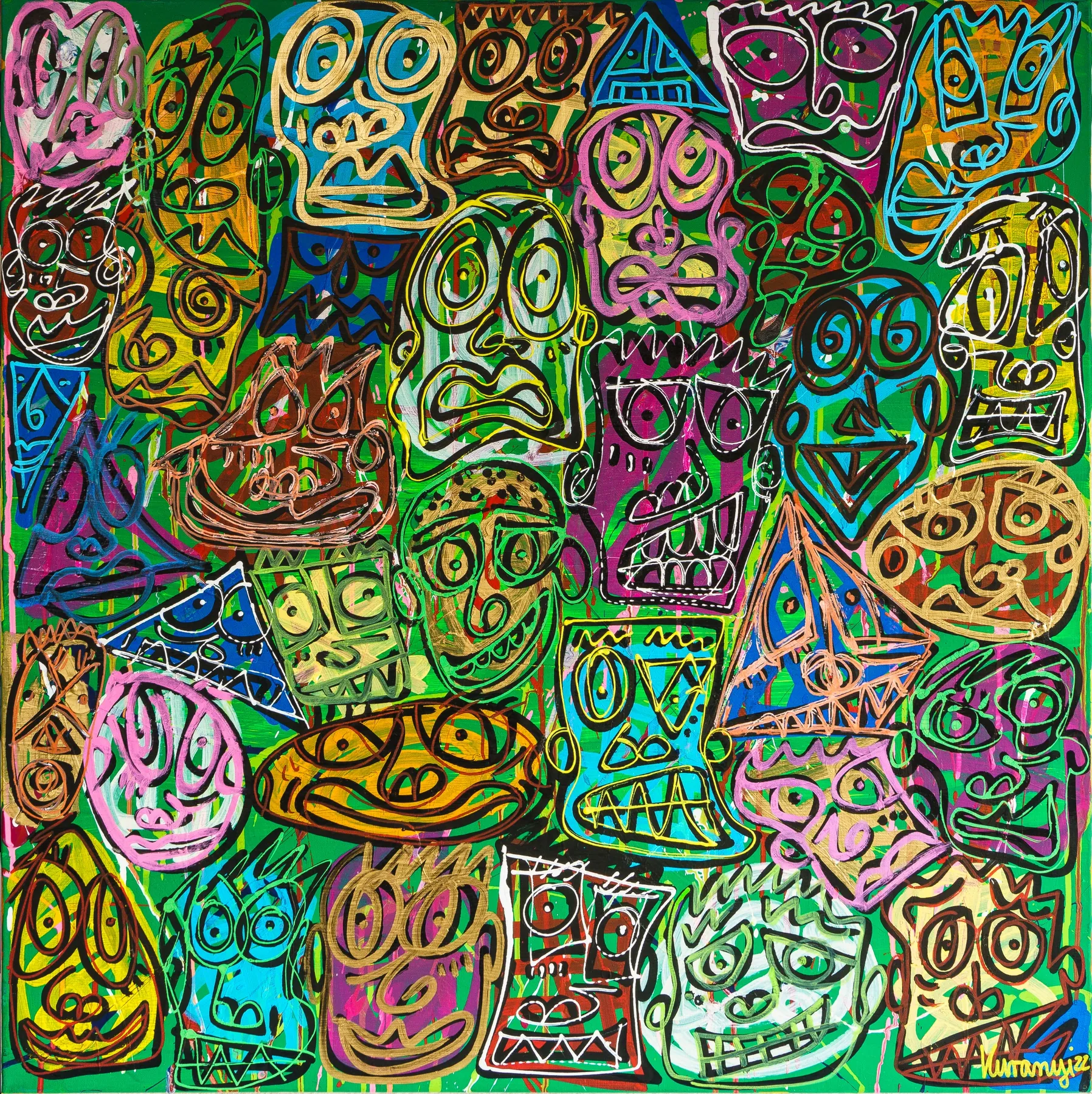 Farbstarkes originales Kunstwerk mit zahlreichen Gesichtern von Romulo Kuranyi