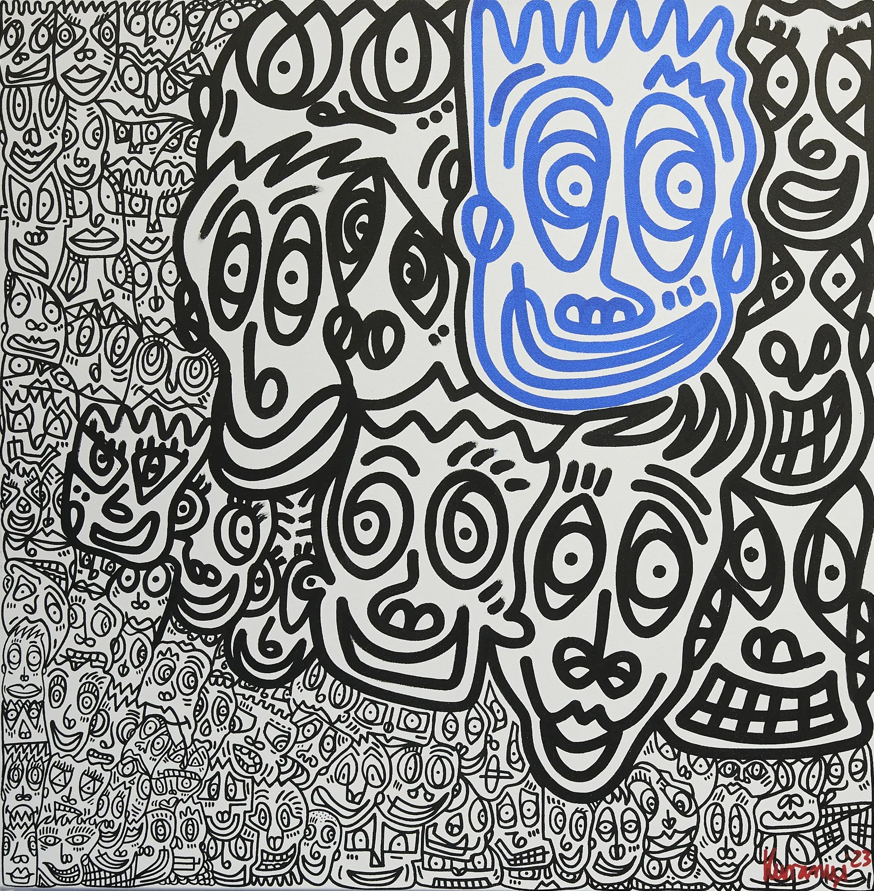 Schwarz-weißes Original mit blauem Figurenakzent von Romulo Kuranyi